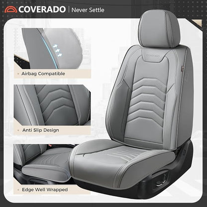 Coverado Leather Seat Covers, Gray Seat Covers Full Set, Car Seat Covers Front Seats and Back, Waterproof Faux Leather Car Seat Cushion Car Seat Protector Universal Fit for Most Cars Trucks SUV
