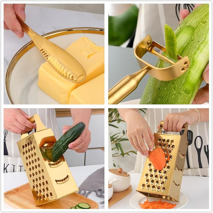 4 Sides Box Grater For Kitchen,Stainless Steel Cheese Grater With Handle,Multi-Function Vegetable Slicer Food Shredder For Chees,Ginger,Vegetables,Dishwasher Safe, Gold