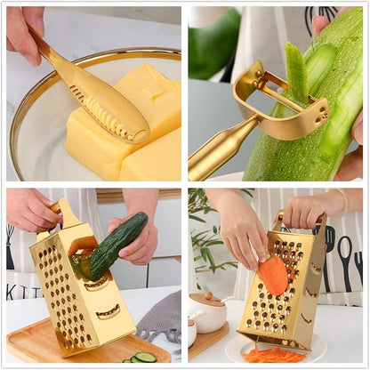 4 Sides Box Grater For Kitchen,Stainless Steel Cheese Grater With Handle,Multi-Function Vegetable Slicer Food Shredder For Chees,Ginger,Vegetables,Dishwasher Safe, Gold
