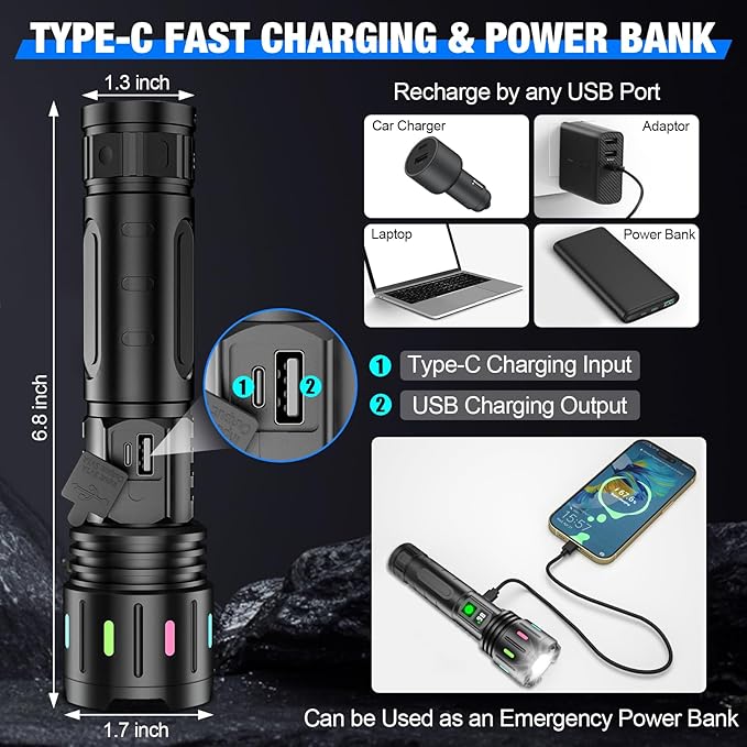 Flashlights High Lumens Rechargeable, Super Bright LED Powerful Flashlight, Type-C, 5 Modes, Zoomable, IPX5 Waterproof High Powered Tactical Flash Light for Camping (Multi-Colored)