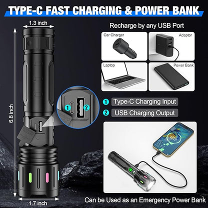 Flashlights High Lumens Rechargeable, Super Bright LED Powerful Flashlight, Type-C, 5 Modes, Zoomable, IPX5 Waterproof High Powered Tactical Flash Light for Camping (Multi-Colored)
