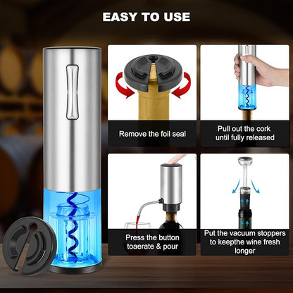 Electric Wine Opener with Electric Decanter and Aerator, Rechargeable Electric Wine Bottle Opener, Stainless Steel Wine Accessories with Foil Cutter, Electric Aerator, Vaccum Stopper