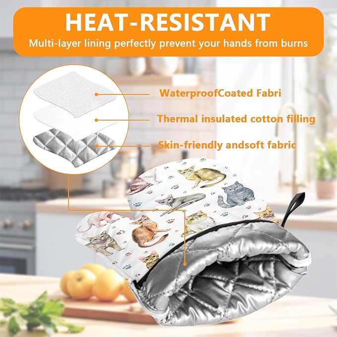 Cute Cats Oven Mitts and Pot Holders Sets 4Pcs, Extra Long Oven Gloves Potholder