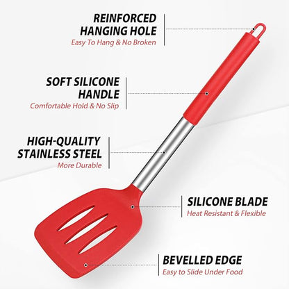 Pack of 4 Large Silicone Cooking Spatulas and Spoons, Slotted and Solid