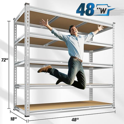 REIBII Garage Shelving, 5 Tier Storage Shelves Load 3000LBS, Adjustable Garage Shelving Heavy Duty, Metal Shelves Unit for Basement, Warehouse, 48" W x 72" H x 18" D, Galvanized
