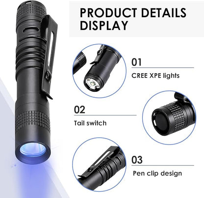 Mini Pocket Flashlight, Small LED Pen Light with Clip, 500 Lumen Torch Powered by AAA Battery, Portable Versatile for Inspection Medical Repair Camping Outdoor Emergency (3.5" 3 Pack Purple)