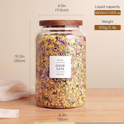 Set of 2 Large Glass Flour and Sugar Containers with 132 Pantry Labels - Glass Food Storage Jars with Airtight Bamboo Lid for Flour Pasta Candy Coffee Cookie and More(1 Gallon/4000 ml)