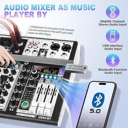 4 Channel Audio Interfacer DJ Mixer Sound Board 16-Bit DSP Effect USB Audio