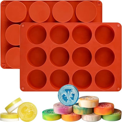 Sakolla 2 Pack Round Silicone Soap Molds, 12 Cavity 2.1" Cylinder Silicone Molds for Soap Making, DIY Bath Bombs, Shower Steamer, Lotion Bars, Loofah Soap (Brick-Red)