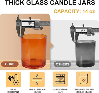 14 OZ Thick Candle Jars for Making Candles 12 Pcs, 3 Wick Empty Jars with Wood Lids for Candle Making, Sample Container,Clear Orange