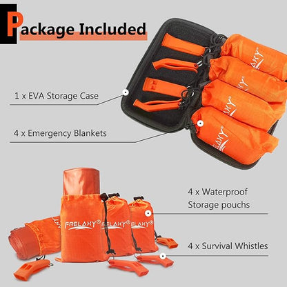 Frelaxy Emergency Blanket 2-Pack/4-Pack, Extra-Thick Extra-Large Space Blankets with Whistles, Storage Pouchs, and EVA case