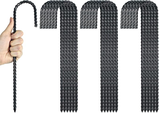12 Inch Rebar Stakes Heavy Duty J Hook, Coated Steel Ground Stakes Tent Stakes Ground Anchors for Chain Link Fence Stakes and Trampoline Stakes (6), Black