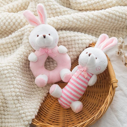 Plush Baby Soft Rattle Toys, Pink Bunny for Infants, First Stuffed Animal Shaker Set for Newborns, Soft Ring Sensory Toys for Infant Boys Girls, Baby Shower Gifts, 2 PCS