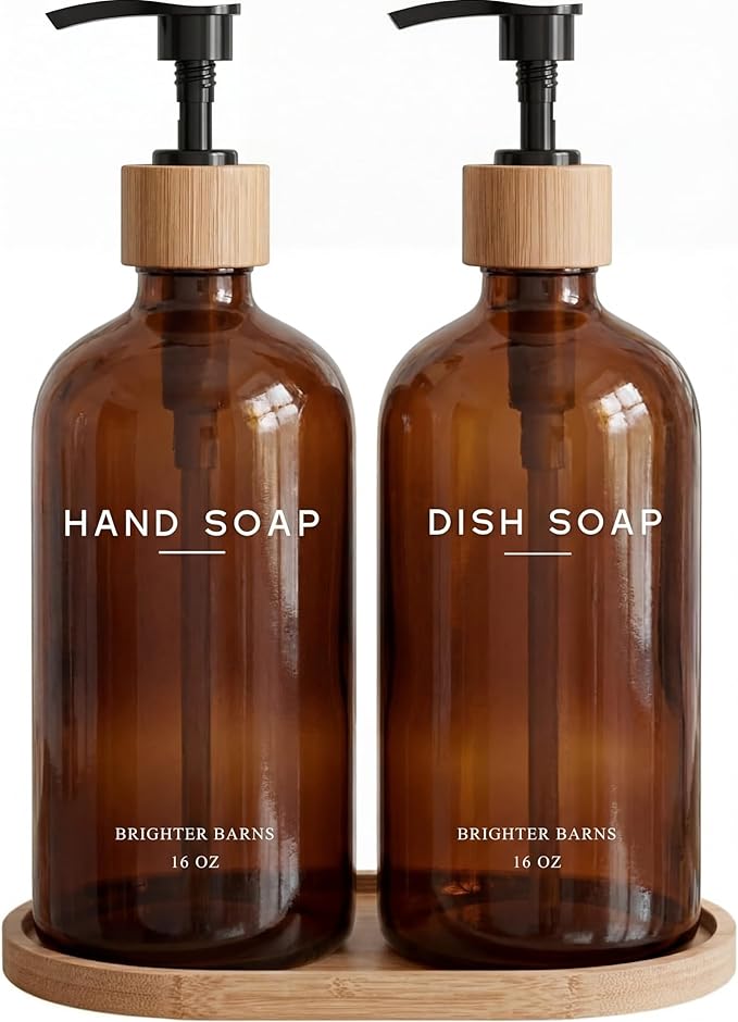 Amber Glass Hand and Dish Soap Dispenser Set by Brighter Barns