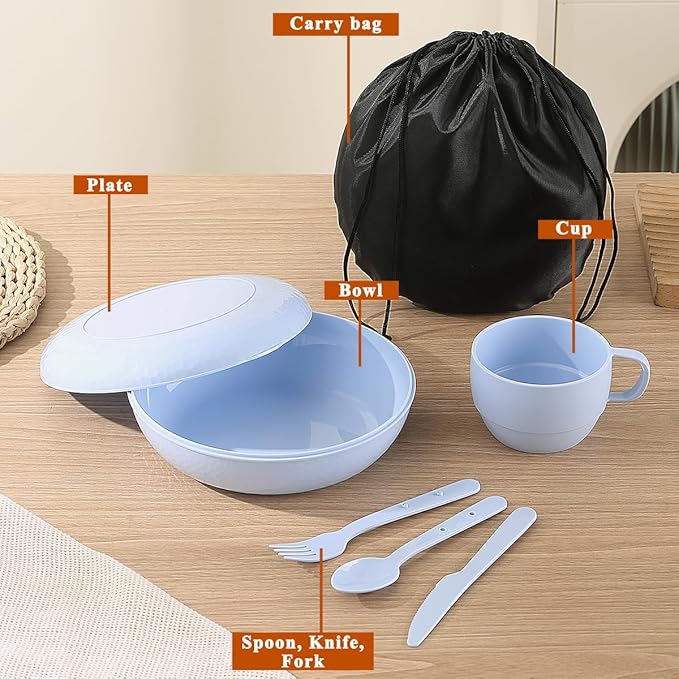 Evanda Camping Mess Kit with Bowl, Plate, Cup, Spoon, Fork, Knife and Carry Bag, Reusable Camping Accessories Essentials Gear Light Weight and Small Space Easy to Carry or Put in Backpack