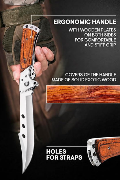 Grand Way Long Blade Folding Knife - Sharp Hunting Hiking Camping Tactical Survival Work Knives for Men Women - Foldable Large Knife with Rosewood Handle - Stocking Stuffers Gifts 4172
