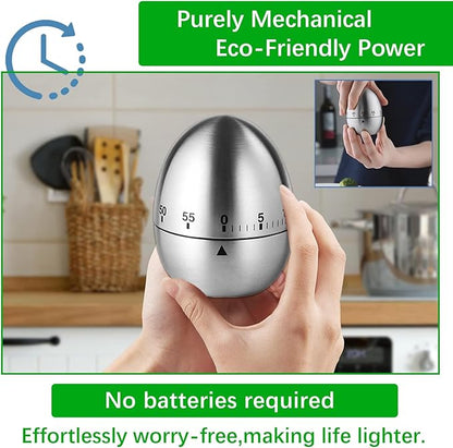Stainless Steel Mechanical Kitchen Timer, Classic Egg Shape 60-Minute Manual