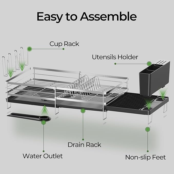 Large Dish Drying Rack, Expandable Dish Rack, Stainless Steel Anti-Rust Dish