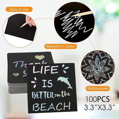 100 PCS Mini Rainbow Scratch Notes Art,Silver Glitter Scratch Paper,DIY Art Craft for Students Classroom Activities Birthday Party Games(3.3"x3.3")