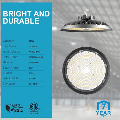 ACOHOOK 420W LED High Bay Light 5000K Daylight UFO Commercial Bay Light