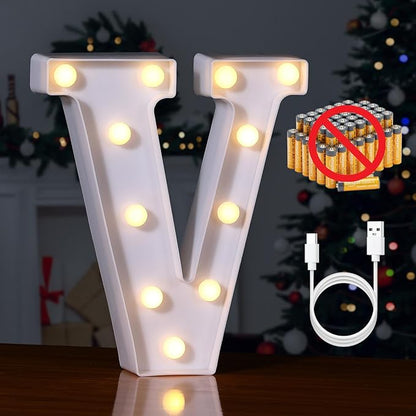 Foaky Rechargeable LED Letter Lights Sign Marquee Light Up Letters Sign for Night Light Wedding/Birthday Party Christmas Lamp Home Bar Decoration (V)