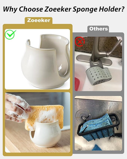Zoeeker Sponge Holder for Kitchen Sink Counter, Ceramic Dish Sponge Caddy White
