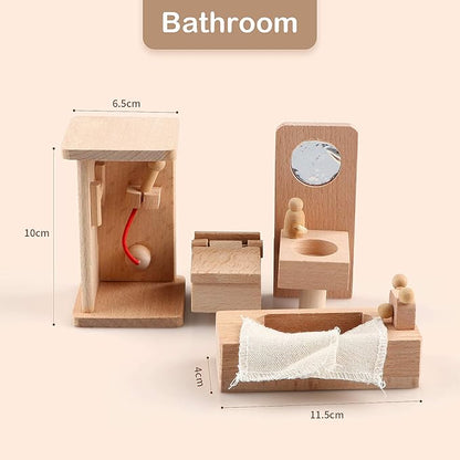 5 Set Dollhouse Furniture Accessories Wooden Bathroom/Living Room/Dining Room/Bedroom/Kitchen House 6 Family Doll Decoration Pretend Play Kids Christmas Birthday Gifts for Girls Toys 40 Pcs