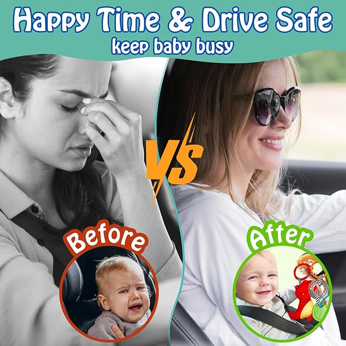 Baby Car Seat Dinosaurs Toys - Kick and Play Double Sided Infant Car Seat Toys with Plush Toys, Mirror, Teether for Baby, Babys Travel Activities, Christmas Birthday Gifts Newborn Infant Toys