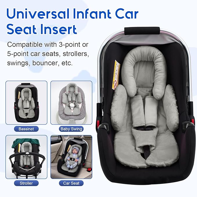 Baby Car Seat Head Support for Doona Stroller, Thickened Infant Carseat Head Support with 3 Strap Covers, Reversible Car Seat Insert for Newborn, Baby Car Seat Cushion with Filled Natural Cotton