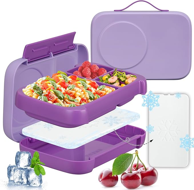 Bento Box for Kids,Kids Bento Lunch Box with Built-in Ice Pack for School,3 Compartments Leak Proof Lunch Container with Utensils for Girl Boy;BPA Free,Microwave & Dishwasher Safe, 44oz(Purple)