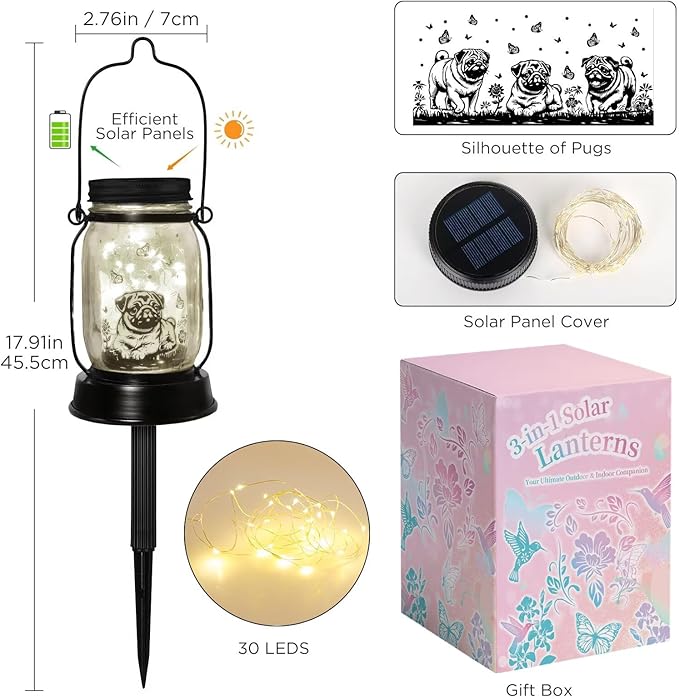 kyoryuger Pug Gifts for Women/Men Pug Solar Lanterns Dog Mom Birthday Dog Lovers Lantern Pet Loss Pet Memorial Lights Solar Garden Decoration for Yard, Patio,Backyard,Porch Torches