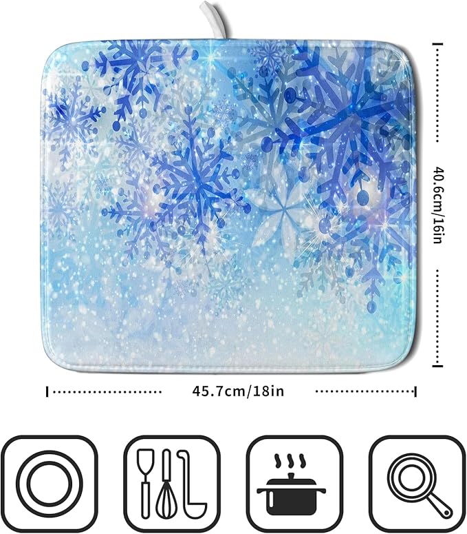 Giwawa 16"x18" Winter Blue Snowflakes Dish Drying Mat Christmas Snow Falling