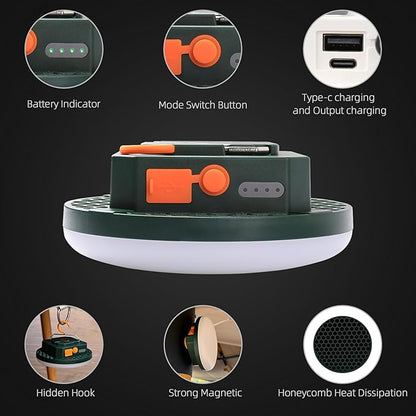 Camping Pop up Tent Light for Hanging, LED Rechargeable Portable Overhead Lantern for Vendor Booths, Waterproof Outdoor Camp Lamp with Battery Power for Glamping Indoor Outages(Dimming-Green)