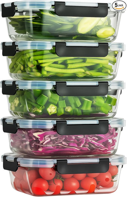 5-Piece Set, 36 oz Glass Meal Prep Containers with Snap-Lock Lids, Airtight Lunch Containers, Microwave, Oven, Refrigerator & Dishwasher Safe,Black