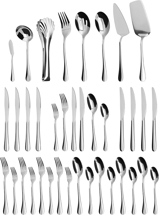 Silverware Set,32 piece Siverware Set and Serving Utensil Set,Stainless Steel Knives Spoon Forks Set for Home, Kitchen, Mirror Polished& Dishwasher Safe (5.5-11.2Inch Serving set+Silverware set-32pcs)