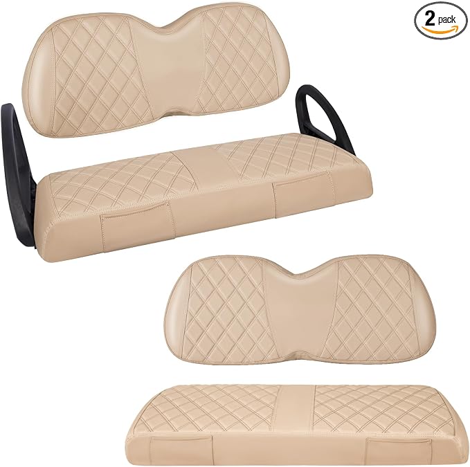Full Set Golf Cart Seat Covers for Club Car Tempo OEM, Beige | Front & Rear Set (2-Piece), Premium Vinyl Leather Replacement Standard Cushion Covers, No Tools Needed & Easy to Clean
