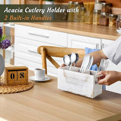 DRASTAR Wooden Silverware Caddy, Flatware Cutlery Holder, Kitchen Utensil Holder