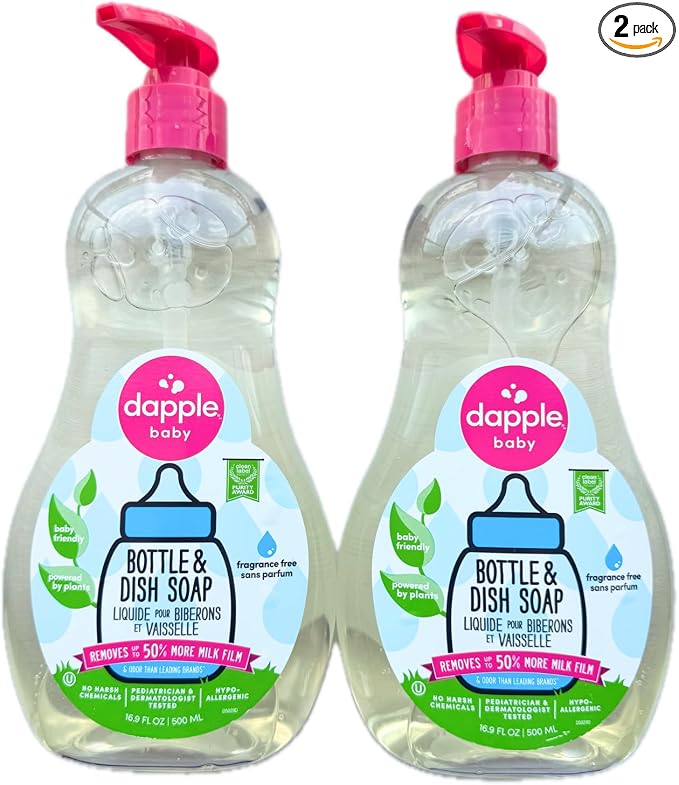 Bottle and Dish Soap Baby, Fragrance Free, 16.9 Fl Oz (Pack of 2) - Plant Based Dish Liquid for Dishes & Baby Bottles - Hypoallergenic Soap, Liquid Soap, Compatible with Dapple Baby Bottle & Dish Soap