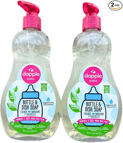 Bottle and Dish Soap Baby, Fragrance Free, 16.9 Fl Oz (Pack of 2) - Plant Based Dish Liquid for Dishes & Baby Bottles - Hypoallergenic Soap, Liquid Soap, Compatible with Dapple Baby Bottle & Dish Soap