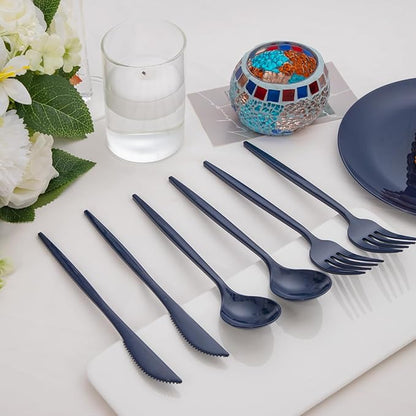 PULOTE 150PCS Blue Plastic Silverware Set - Plastic Cutlery Disposable - Heavy Duty Blue Plastic Utensils Include 50 Forks, 50 Knives,50 Spoons for Party&Wedding