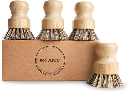 Bamboo Dish Brush Set, 4 Pack Kitchen Palm Pot Brush