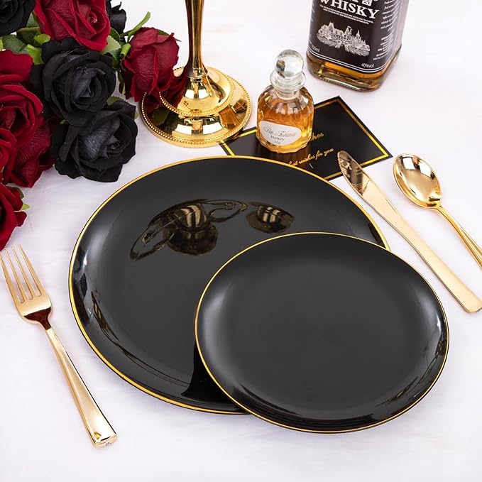 KIRE 100PCS Black and Gold Plates - Black Plastic Plates Disposable with Gold Rim for Halloween Party/Wedding/Birthday Include 50Pcs 10.25inch for Dinner and 50Pcs 7.5inch for Dessert/Salad