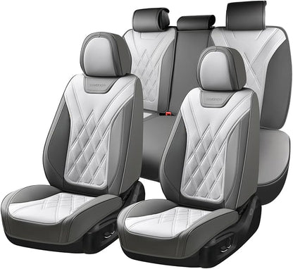 Coverado Car Seat Covers Full Set, Seat Covers for Cars, Front Seat Covers and Back Seat Cover Waterproof Leather Automotive Seat Cover, Universal Car Interior Protectors for Most Cars Light_Gray