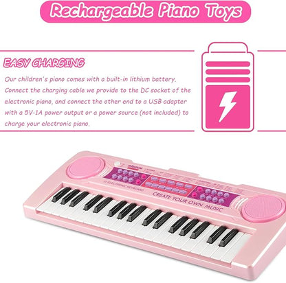 Kids Piano Keyboard Toys, 37 Keys Music Keyboard Piano for Kids with Microphone, Learning Educational Toddler Keyboard Toys for Kids Ages 3-8 (Pink)