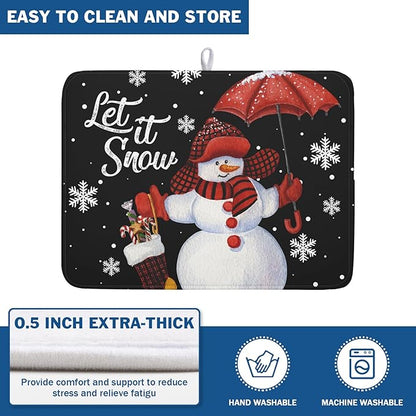Black Snowman Dish Drying Mats for Kitchen Counter, Winter Snowflake Dish Mat