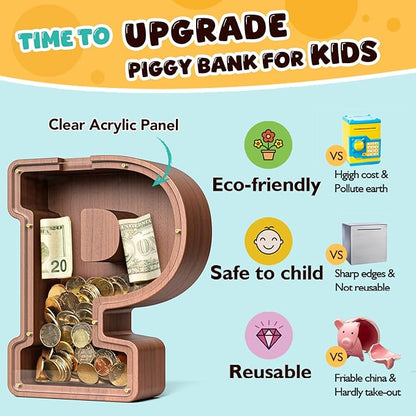 Summidate Wooden Letter Piggy Bank, Extra Thick Large Capacity Piggy Bank for Kids Boys Girls Toddler, Alphabet P Money Bank| Coin Box Birthday, Christmas, Festival