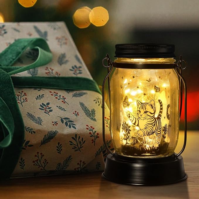 Cat Gifts Cat Solar Lanterns Cat Solar Lights Outdoor Cat Lover Gifts for Women Men Cat Lovers Gifts Hanging Cat Lanterns with Stake for Yard Lawn Garden Decor Waterproof Cat Butterfly Lantern Torches