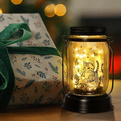 Cat Gifts Cat Solar Lanterns Cat Solar Lights Outdoor Cat Lover Gifts for Women Men Cat Lovers Gifts Hanging Cat Lanterns with Stake for Yard Lawn Garden Decor Waterproof Cat Butterfly Lantern Torches