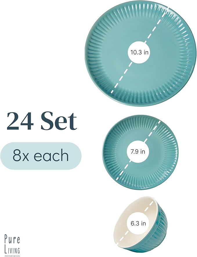 Stoneware Dinnerware Set for 8 People HYGGE 24-Piece - Elegant Scandi Design - Premium Dish Set - Bowl and Plate Set - Tableware for 8 People in a Ribbed Design - Pure Living in Green