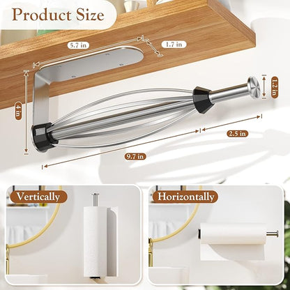 Paper Towel Holder Under Cabinet + Towel Robe Hooks, Single Hand Operable Under